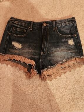 Free People Dark Blue Denim Shorts with Taupe Lace Trim